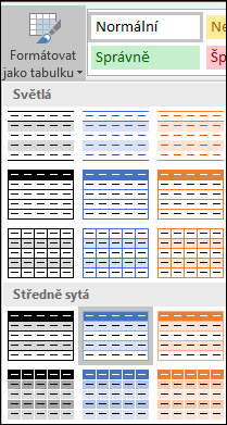 Styly v Galerii stylů Excelu zobrazené pomocí možnosti Formátovat jako tabulku