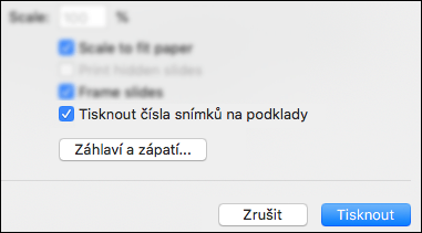 Dialogové okno Tisk s možností Tisk čísel snímků na podklady.