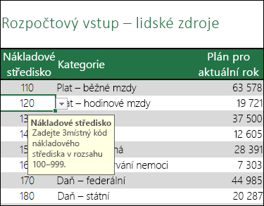 Když uživatelé vyberou tuto buňku, zobrazí se zpráva při zadávání.