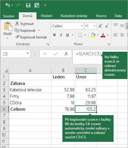 Při kopírování vzorce se automaticky aktualizují odkazy na buňky.