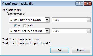Dialogové okno Vlastní automatický filtr