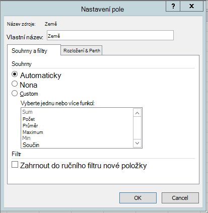 Mezisoučty & kartě Filtry v dialogovém okně Nastavení polí