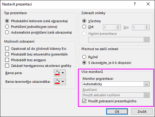 Možnosti monitoru v dialogovém okně Nastavení prezentace