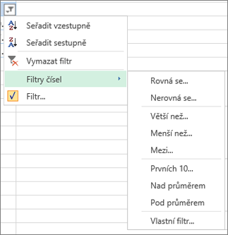 Možnosti vlastního filtrování dostupné pro číselné hodnoty