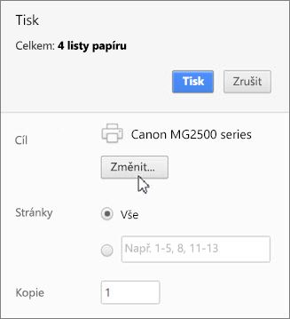 Když kliknete na Změnit, můžete zvolit tiskárnu.