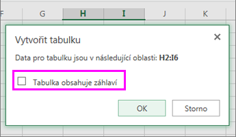 Dialog pro převod oblasti dat na tabulku