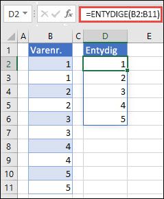 Eksempel på at bruge =ENTYDIGE(B2:B11) til at returnere en entydig liste over tal