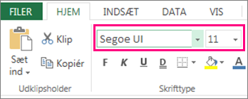 skrifttypeindstillinger på båndet i Excel