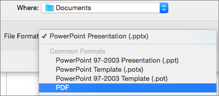 Viser PDF-indstillingen på listen Filformater i dialogboksen Gem som i PowerPoint 2016 til Mac.