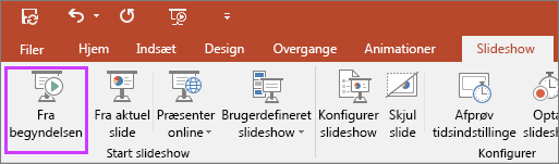 Viser knappen "Fra begyndelsen" under fanen Slideshow i PowerPoint