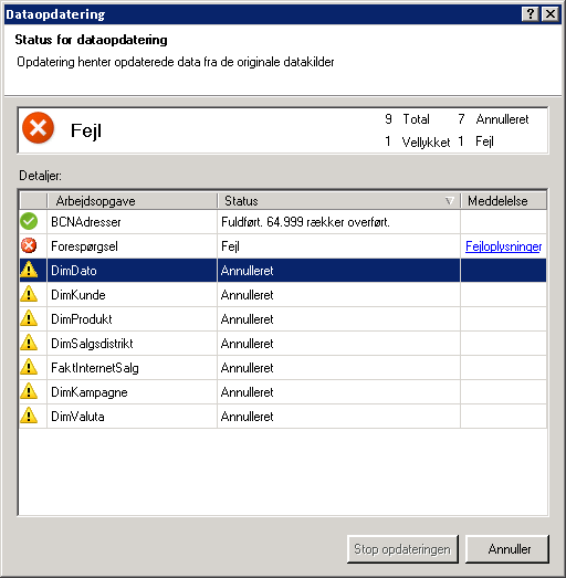 Statusmeddelelser for dataopdatering i PowerPivot