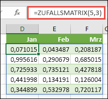 ZUFALLSMATRIX-Funktion in Excel. ZUFALLSMATRIX(5;3) gibt Zufallswerte zwischen 0 und 1 in einem Array zurück, das 5 Zeilen hoch und drei Spalten breit ist.