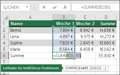 In Zelle B6 wird die Formel AutoSumme-Formel SUMME angezeigt: =SUMME(B2:B5)