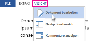 Abbildung eines Teils des Menüs 'Ansicht' im Lesemodus mit ausgewählter Option 'Dokument bearbeiten'.