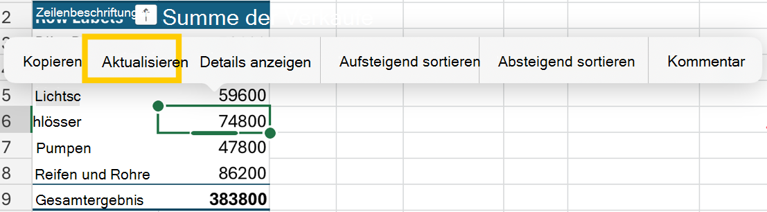 Aktualisieren Sie pivotTable über das Kontextmenü auf dem iPad.