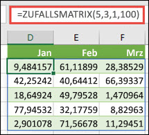 ZUFALLSMATRIX-Funktion mit den Argumenten "Min", "Max" und "Dezimal"