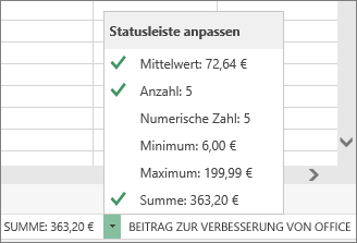 Statusleistenoptionen