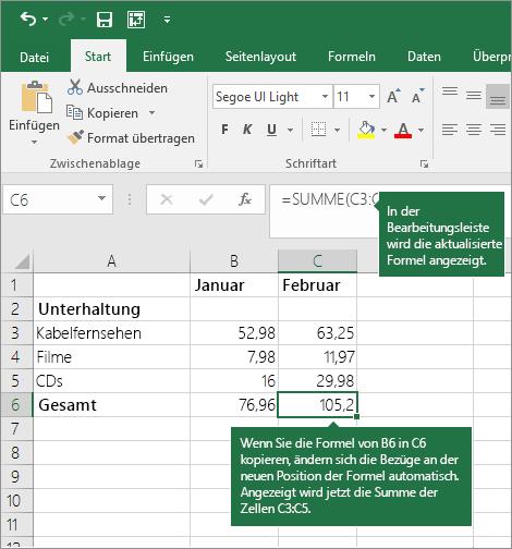 Zellbezüge werden beim Kopieren einer Formel automatisch aktualisiert.