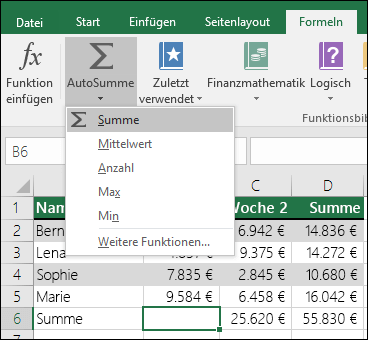 Sie können den AutoSumme-Assistenten verwenden, um automatisch eine Summenformel zu erstellen.  Wählen Sie einen Bereich oberhalb/unterhalb oder links/rechts des bereichs aus, der summiert werden soll, wechseln Sie im Menüband zur Registerkarte Formel, und wählen Sie dann AutoSumme & SUMME aus.