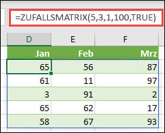 ZUFALLSMATRIX-Funktion mit den Argumenten "Min", "Max" und "Ganze Zahl"