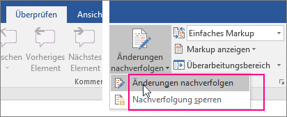 Beim Klicken auf die Schaltfläche 'Änderungen nachverfolgen' werden die verfügbaren Optionen hervorgehoben