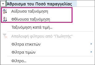 Επιλογές Αύξουσας και Φθίνουσας ταξινόμησης