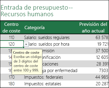 Se muestra un mensaje de entrada cuando los usuarios seleccionan la celda