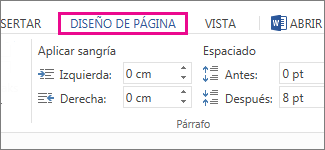 Imagen de opciones de sangría y espaciado en la pestaña Diseño de página