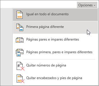 Imagen del menú Opciones de encabezado y pie en Word Online