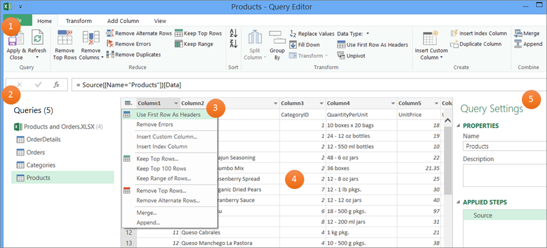 Partes del editor de consultas