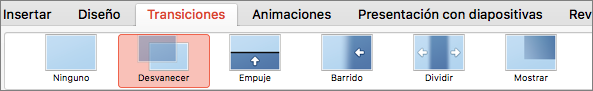 Opciones en la pestaña Transiciones