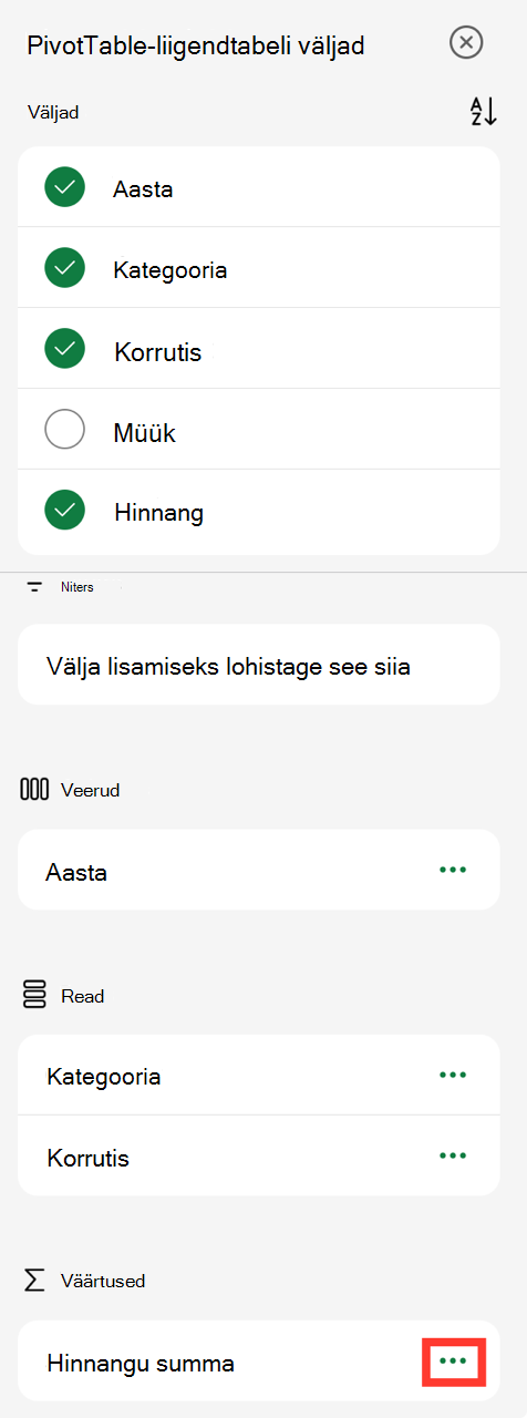 PivotTable-liigendtabeli väljaväärtuste kolmikpunkt iPadis