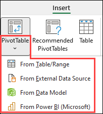 PivotTable-liigendtabeli allika valimine