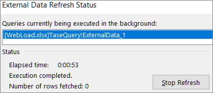 External Data Refresh Status dialog box