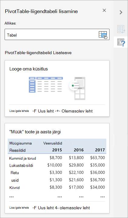 Paanil PivotTable-liigendtabeli lisamine saate määrata PivotTable-liigendtabeli allika, sihtkoha ja muud aspektid.