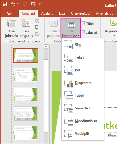 PowerPointi juhtslaidivaates kohatäite lisamise nupu pilt