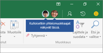 Kulloinkin yhteismuokkaavien henkilöiden kuvakkeet näkyvät tässä.