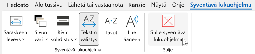 Syventävä lukutyökalu Outlookissa, jossa kohdistin on "sulje" -osoittimen päällä