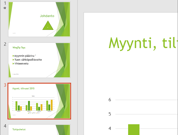 PowerPointin Dia-ruutu, josta kolmas dia on valittu