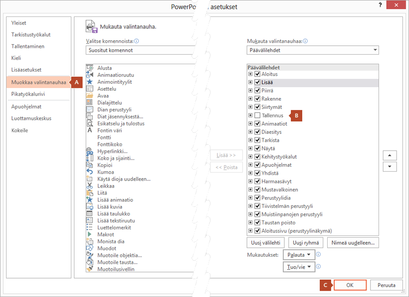 PowerPoint 2016:n Asetukset-valintaikkunan Muokkaa valintanauhaa -välilehdessä PowerPointin valintanauhaan voi lisätä Tallennus-välilehden.