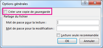 Onglet Créer une copie de sauvegarde dans la boîte de dialogue Options générales