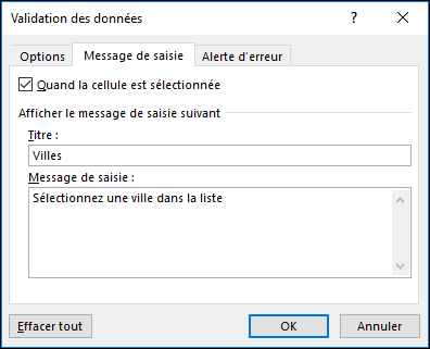 Option Message de saisie de Validation des données