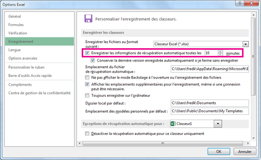 Option Récupération automatique sous l’onglet Enregistrer de la boîte de dialogue Options Excel