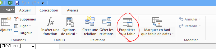 Ruban de la fenêtre PowerPivot montrant la commande Propriétés de la table