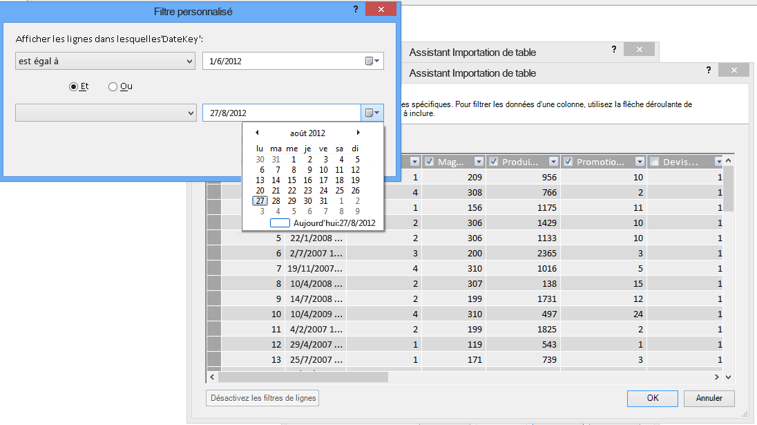 Volet de filtre dans l’Assistant Importation de table