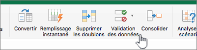 Menu de données de barre d’outil Excel avec l’option Validation des données sélectionnée