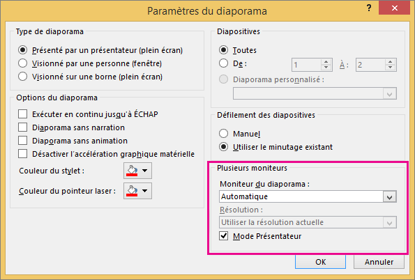 Options de moniteur dans la boîte de dialogue Paramètres du diaporama