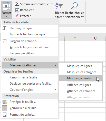 Masquer ou afficher des feuilles de calcul à partir d’Accueil > Cellules > Format > Visibilité > Masquer & afficher