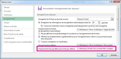 Options que vous pouvez définir pour l’enregistrement de classeurs
