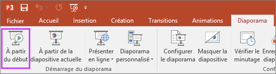 Bouton « À partir du début » sous l’onglet Diaporama dans PowerPoint